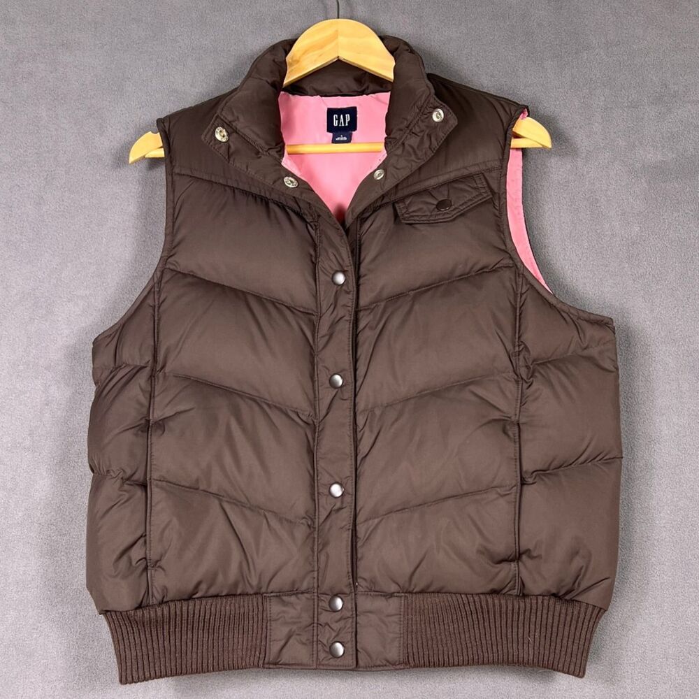 Vintage Gap Down Puffer Vest Size L Chocolate Brown Pink Lined Y2K 2004 260081